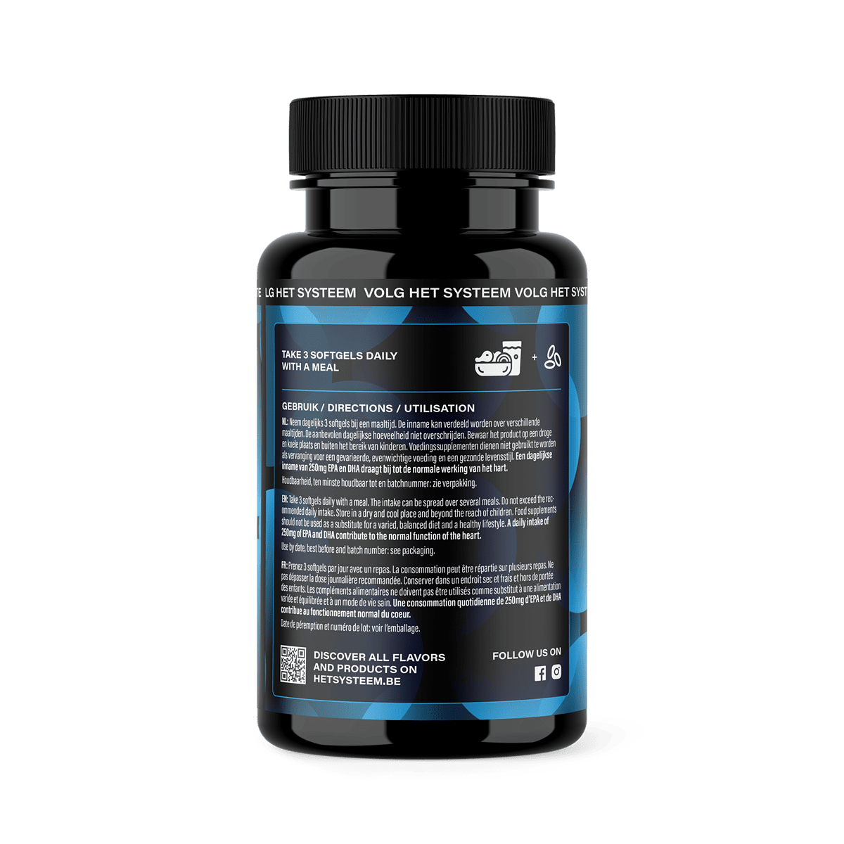Het Systeem fitness en gezondheidsproduct, achterkant Omega 3 pot met uitleg