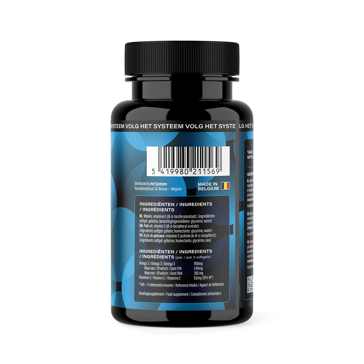Het Systeem fitness en gezondheidsproduct, zijkant Omega 3 pot met uitleg