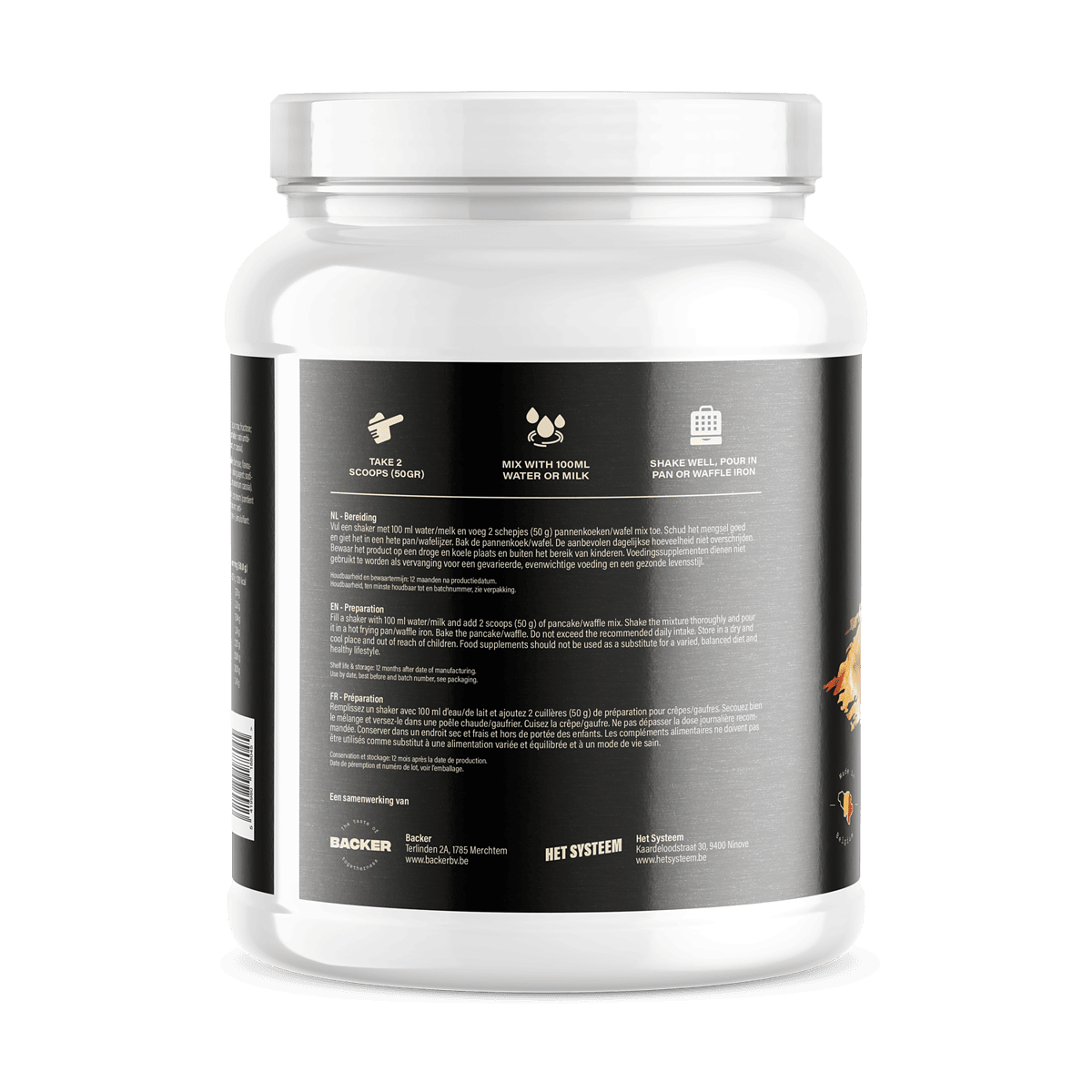 Het Systeem fitness en gezondheidsproduct, een pot achterkant Pancake & wafflemix