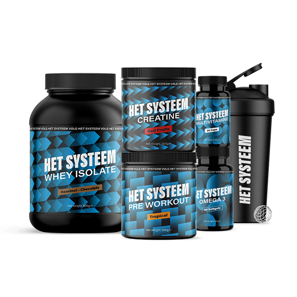 Het Systeem fitness en gezondheidsproduct, het volledige pakket, Multivitamine 90 Caps, Omega 3 90 soft gels, creatine Red Fruits, Whey Isolate Hazelnut chocolate, Pre workout Tropical, shakebeker zwart