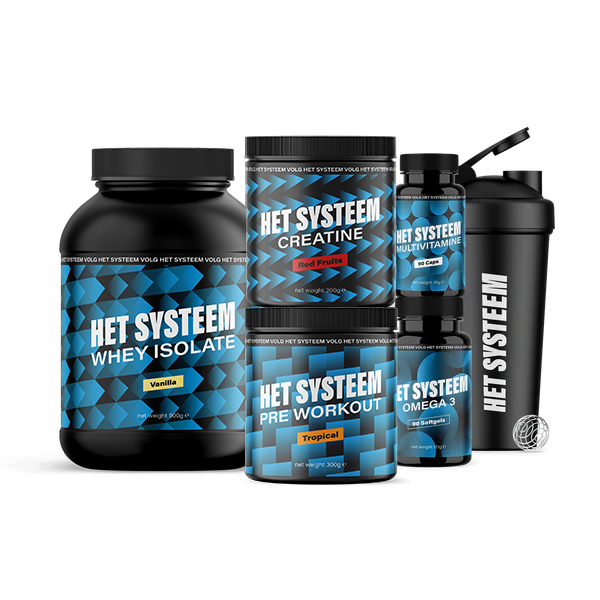 Het Systeem fitness en gezondheidsproduct, het volledige pakket, Multivitamine 90 Caps, Omega 3 90 soft gels, creatine Red Fruits, Whey Isolate Vanilla, Pre workout Tropical, shakebeker zwart