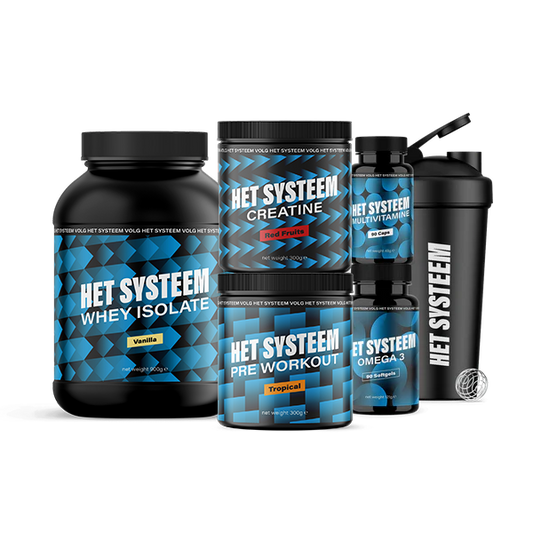 Het Systeem fitness en gezondheidsproduct, het volledige pakket, Multivitamine 90 Caps, Omega 3 90 soft gels, creatine Red Fruits, Whey Isolate Vanilla, Pre workout Tropical, shakebeker zwart