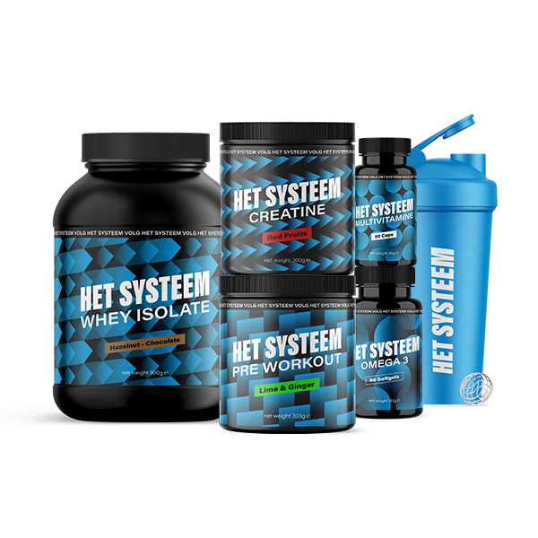 Het Systeem fitness en gezondheidsproduct, het volledige pakket, Multivitamine 90 Caps, Omega 3 90 soft gels, creatine Red Fruits, Whey Isolate Hazelnut chocolate, Pre workout Lime & ginger, shakebeker blauw