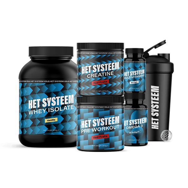 Het Systeem fitness en gezondheidsproduct, het volledige pakket, Multivitamine 90 Caps, Omega 3 90 soft gels, creatine Red Fruits, Whey Isolate Vanilla, Pre workout Red Fruits, shakebeker zwart