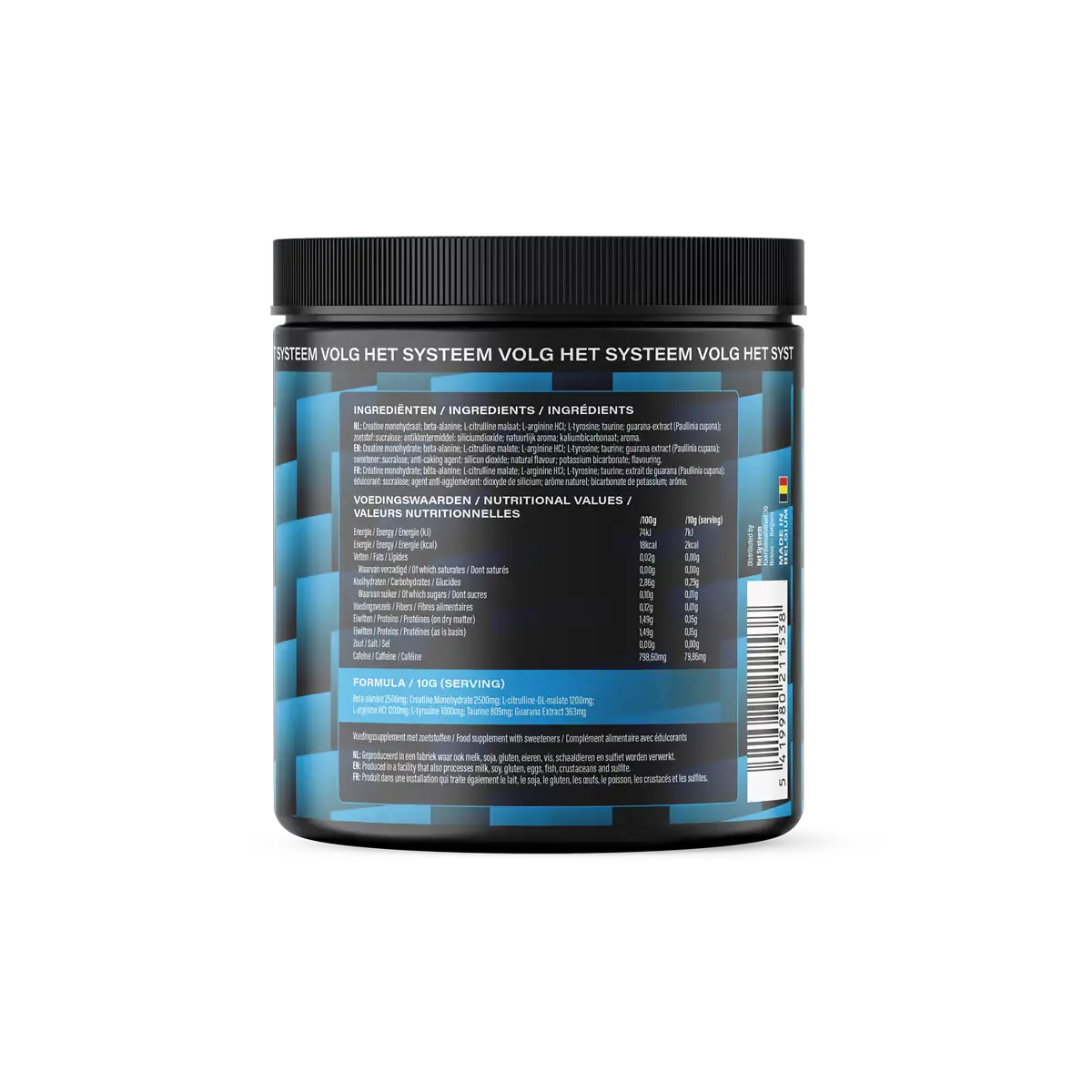 Het Systeem fitness en gezondheidsproduct, een pot pre workout Lime & ginger achterkant