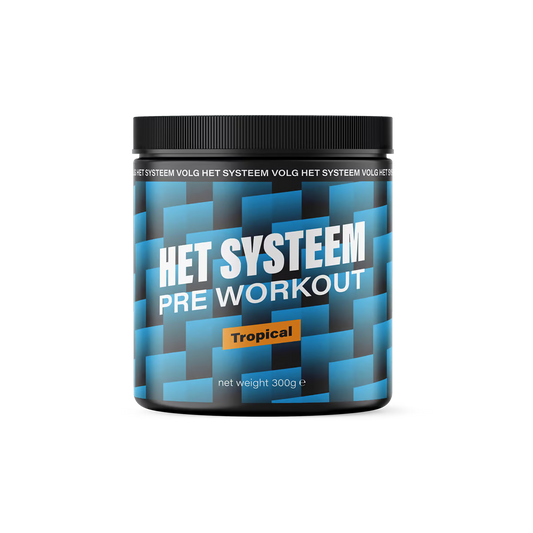 Het Systeem fitness en gezondheidsproduct, een pot pre workout Tropical voorkant