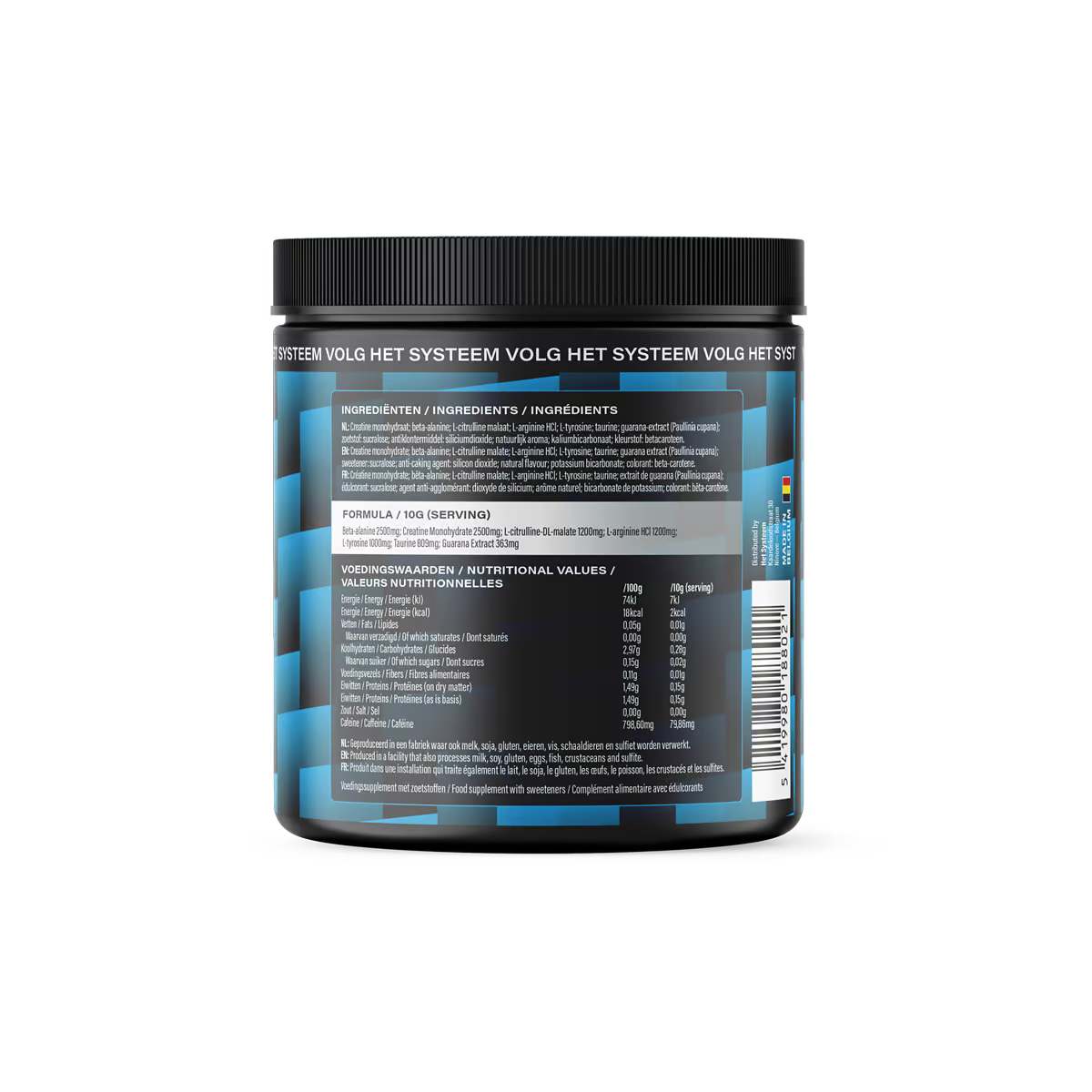 Het Systeem fitness en gezondheidsproduct, een pot pre workout Tropical achterkant