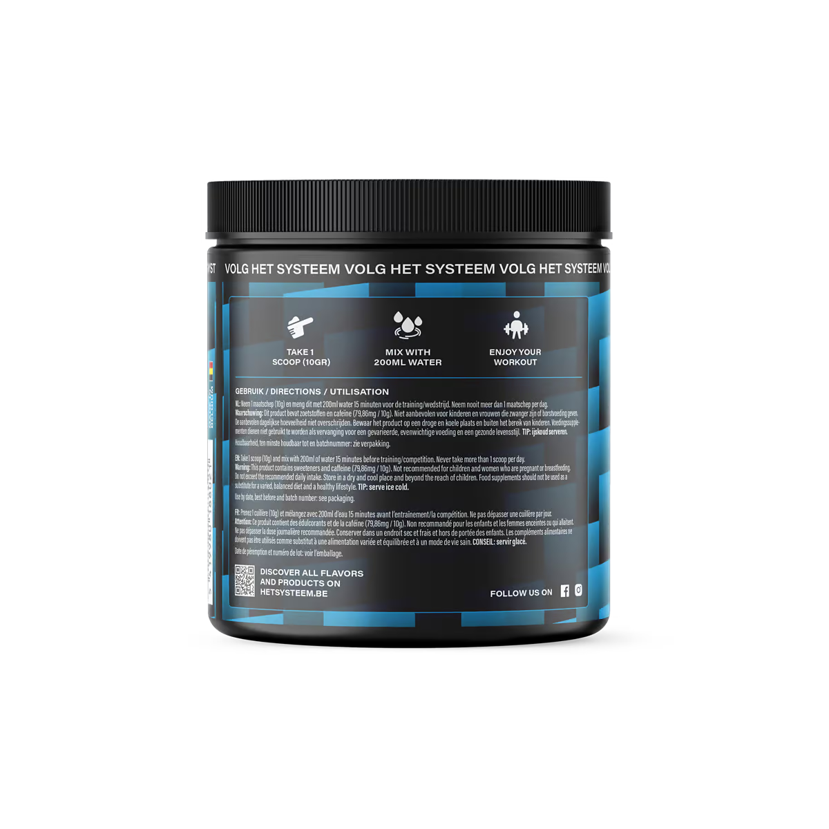 Het Systeem fitness en gezondheidsproduct, een pot pre workout Tropical zijkant