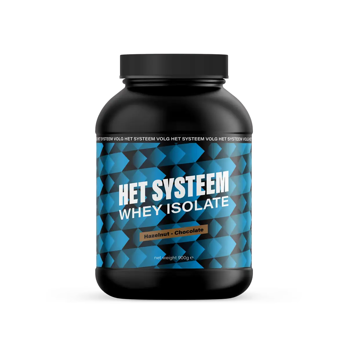 Het Systeem fitness en gezondheidsproduct, een pot whey isolate hazelnut chocolate voorkant