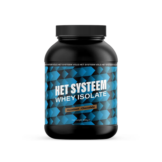 Het Systeem fitness en gezondheidsproduct, een pot whey isolate hazelnut chocolate voorkant