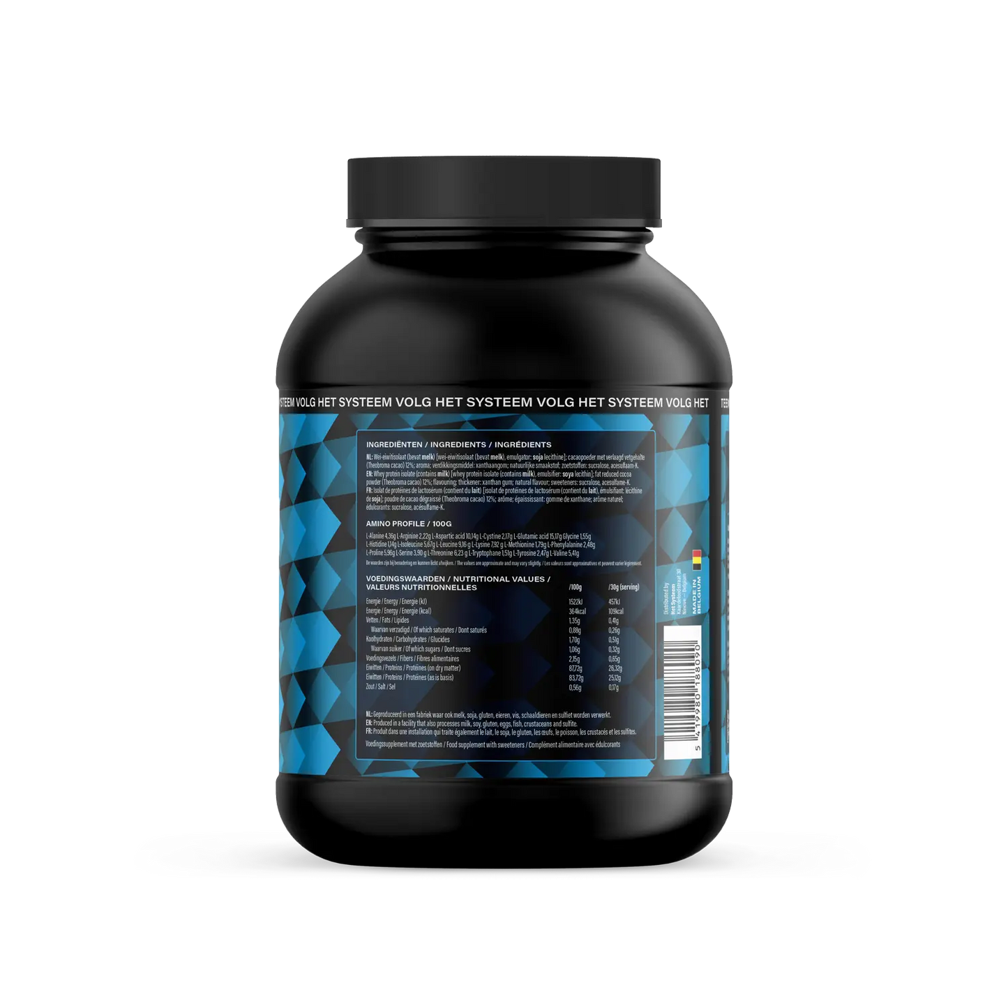 Het Systeem fitness en gezondheidsproduct, een pot whey isolate hazelnut chocolate achterkant