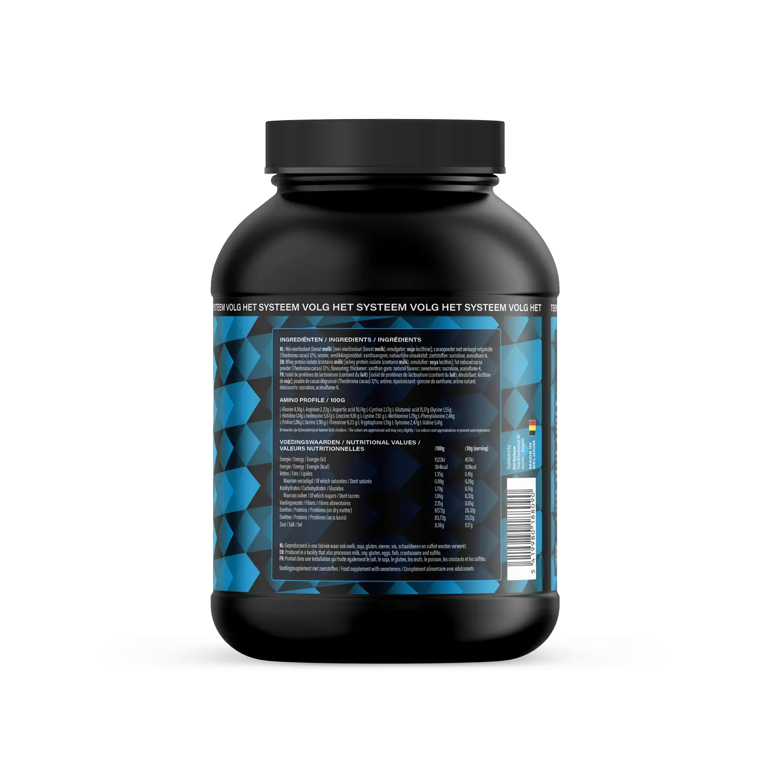 Het Systeem fitness en gezondheidsproduct, een pot whey isolate hazelnut chocolate achterkant