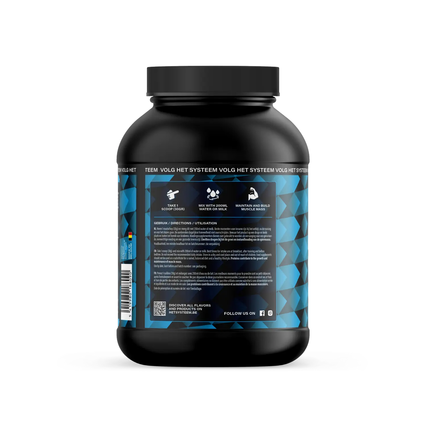 Het Systeem fitness en gezondheidsproduct, een pot whey isolate hazelnut chocolate zijkant