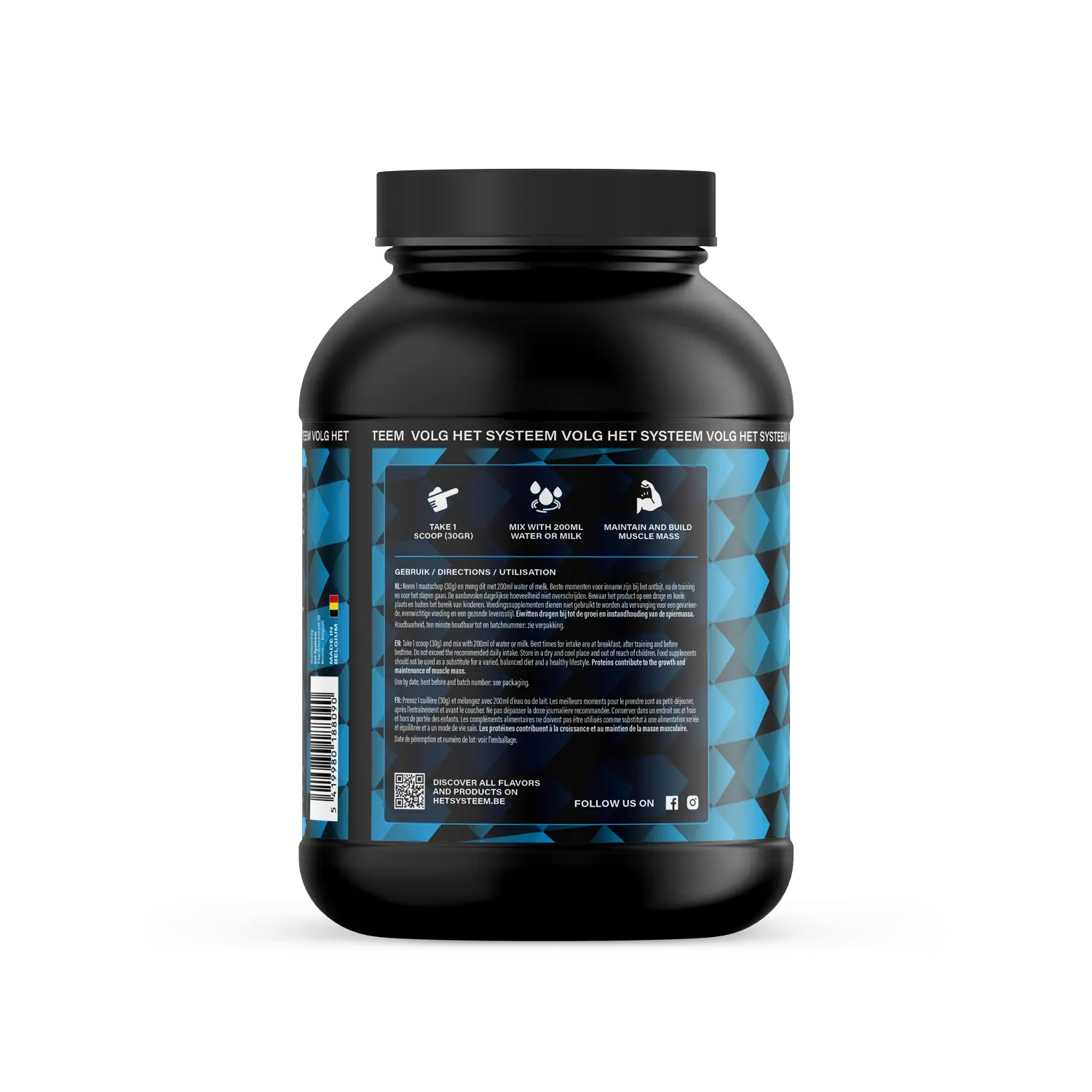 Het Systeem fitness en gezondheidsproduct, een pot whey isolate hazelnut chocolate zijkant