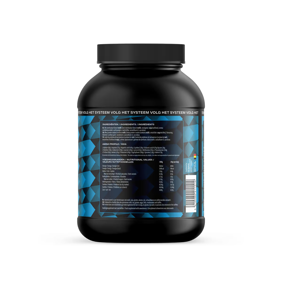 Het Systeem fitness en gezondheidsproduct, een pot whey isolate vanilla achterkant 