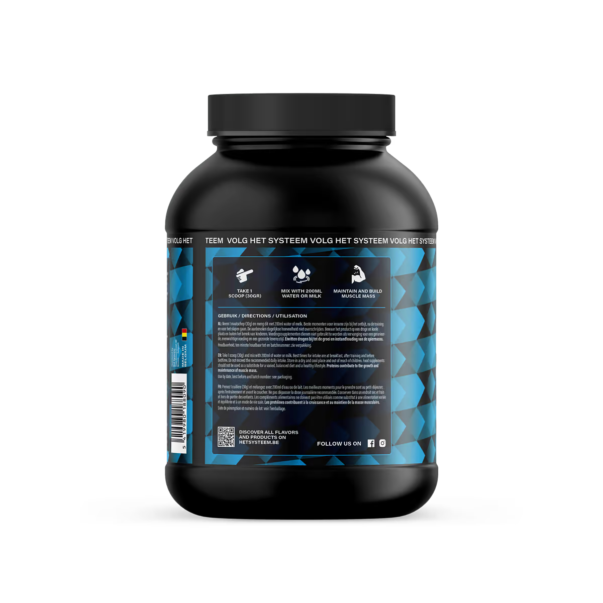 Het Systeem fitness en gezondheidsproduct, een pot whey isolate vanilla zijkant