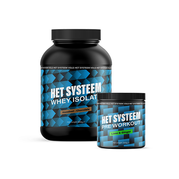 Het Systeem fitness en gezondheidsproduct, een pot whey Isolate Hazelnut chocolate, een pot pre workout Lime & ginger