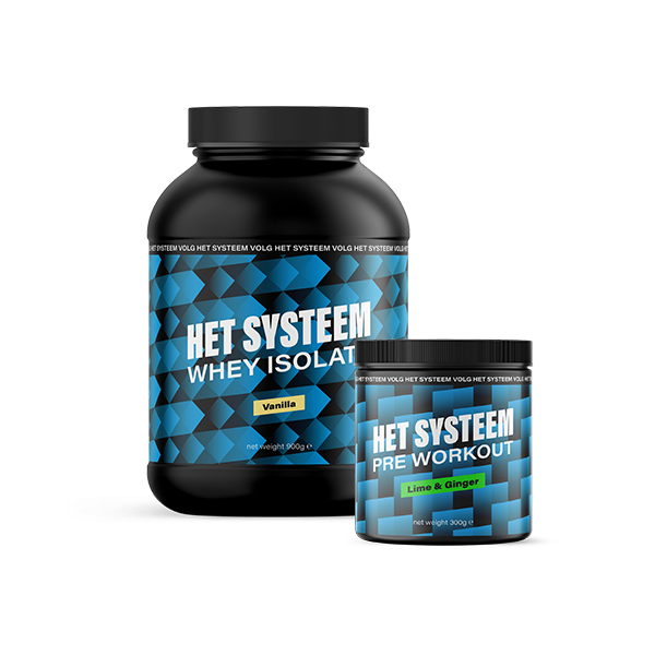 Het Systeem fitness en gezondheidsproduct, een pot whey Isolate vanilla, een pot pre workout Lime & ginger