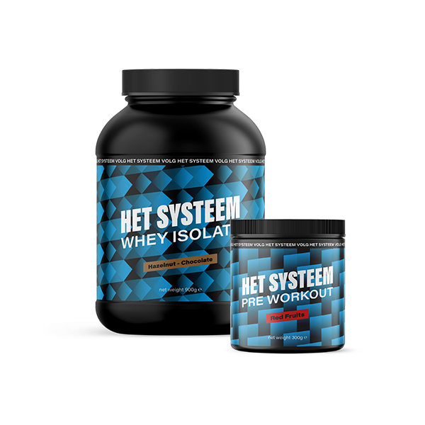 Het Systeem fitness en gezondheidsproduct, een pot whey Isolate Hazelnut chocolate, een pot pre workout Red fruits  