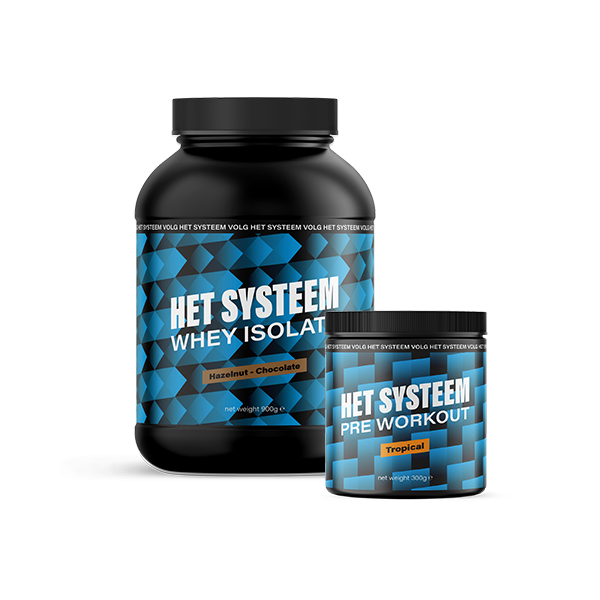 Het Systeem fitness en gezondheidsproduct, een pot whey Isolate Hazelnut chocolate, een pot pre workout Tropical