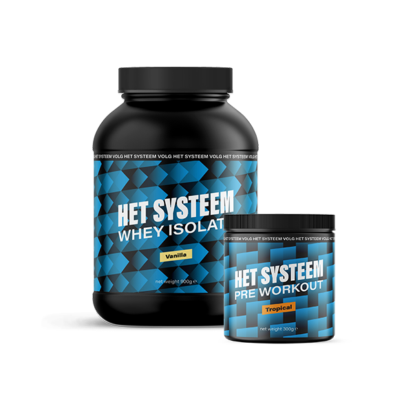 Het Systeem fitness en gezondheidsproduct, een pot whey Isolate vanilla, een pot pre workout Tropical