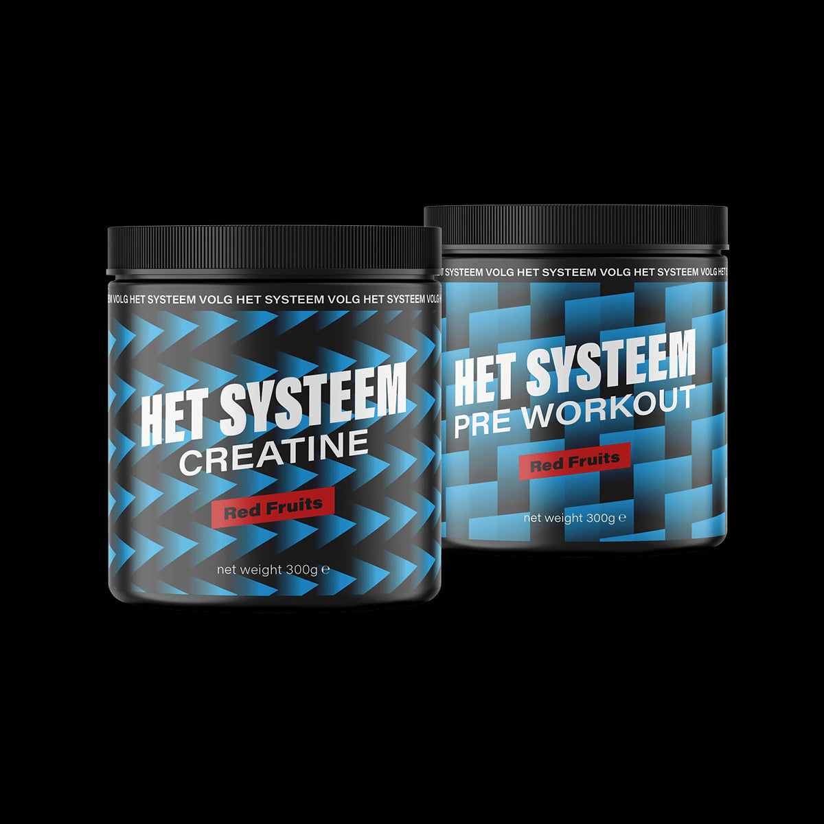 Het Systeem fitness en gezondheidsproduct, een pot creatine Red fruits en een pot pre workout Red fruits