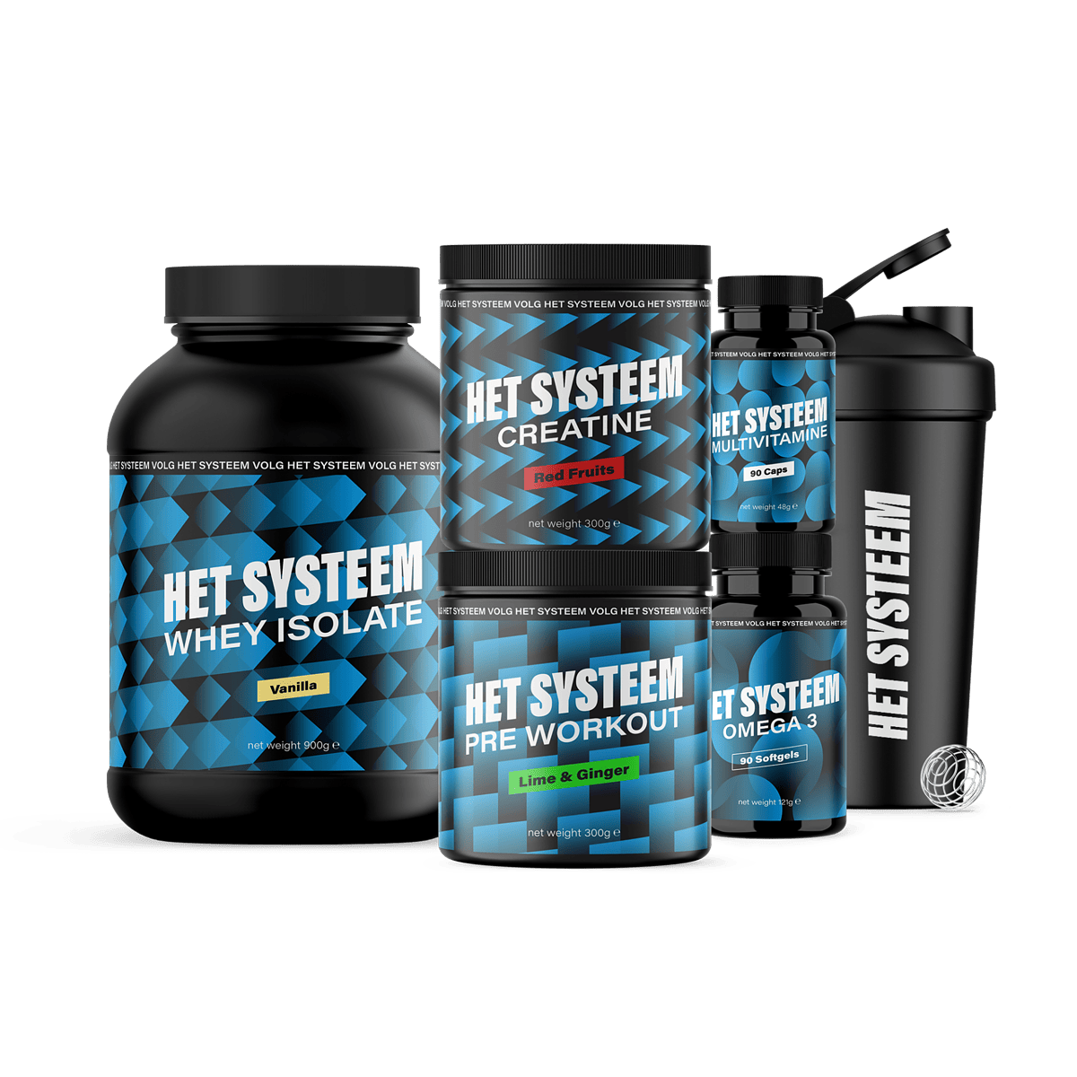 Het Systeem fitness en gezondheidsproduct, het volledige pakket, Multivitamine 90 Caps, Omega 3 90 soft gels, creatine Red Fruits, Whey Isolate Vanilla, Pre workout lime & ginger, shakebeker zwart