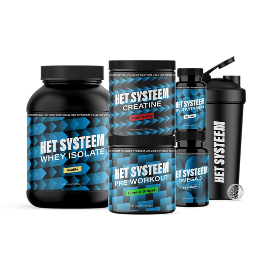 Het Systeem fitness en gezondheidsproduct, het volledige pakket, Multivitamine 90 Caps, Omega 3 90 soft gels, creatine Red Fruits, Whey Isolate Vanilla, Pre workout lime & ginger, shakebeker zwart