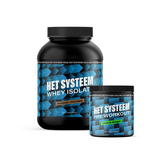 Het Systeem fitness en gezondheidsproduct, een pot whey Isolate Hazelnut chocolate, een pot pre workout Lime & ginger
