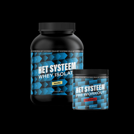 Het Systeem, een pot whey Isolate vanilla, een pot Pre workout Red fruits