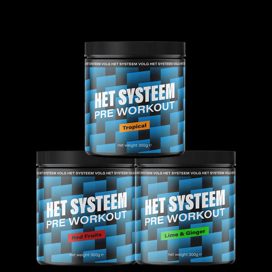 Het Systeem fitness en gezondheidsproduct,  drie potten met pre workout, alle smaken, Tropical, Red Fruits en Lime & ginger