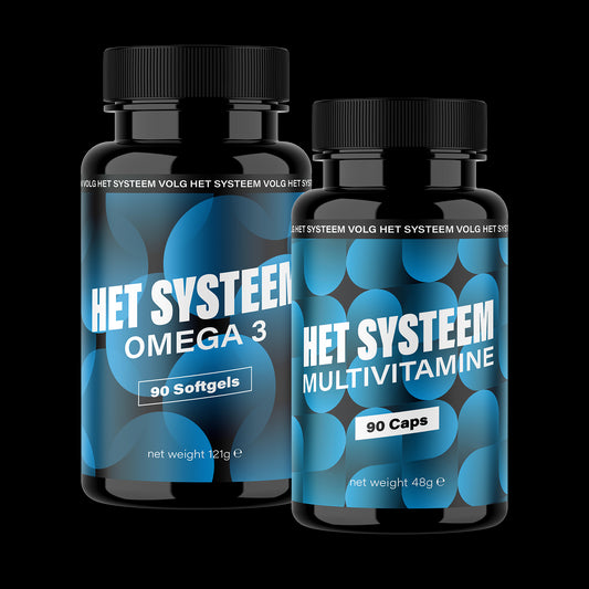 Het Systeem fitness en gezondheidsproduct, een pot Omega 3 softgels en een pot Multivitamine 90 caps